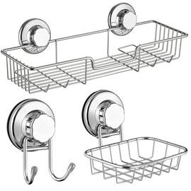 SANNO Vacumn Suction cups Shower Caddy Soap Dish Double Bath Hook-Bath Organizer Kitchen Storage Basket for Shampoo, Conditioner, Soap- Anti Rust stainless steel (set of 3)