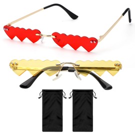 DAWRIS Pack of 2 Heart Hippie Sunglasses with 2 Glasses Pockets, Retro Sunglasses, Red and Gold Hippie Glasses, Heart-Shaped Funny Party Glasses for Men and Women, Cosplay