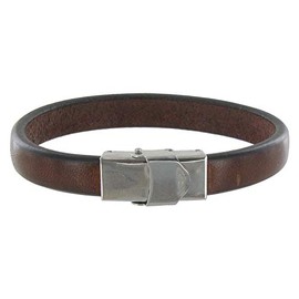 LES POULETTES BIJOUX - Child Bracelet Leather Dark Brown Wide Steel Clasp, Stainless steel, sterling silver, leather
