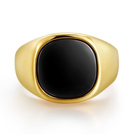 TRUMIUM 18K Gold Plated Signet Rings for Men Women Black Onyx inlay Gold Wedding Bands Lightweight Thick Statement Ring Comfort Fit Size 9