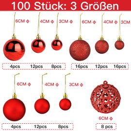 ALINK Christmas Baubles Set of 100, Christmas Tree Decoration & Christmas Tree Decorations with Packaging - Christmas Decoration for Indoor and Outdoor Use Made of Plastic (Red)