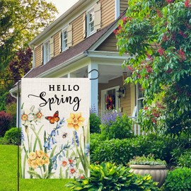 Hello Spring Garden Flag 12x18 Inch Double Sided Daffodils Floral Small Burlap Yard Flag for Outside