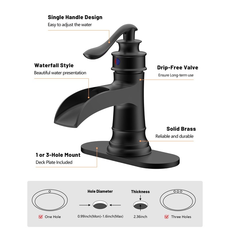 BATHLAVISH Matte Black Waterfall Bathroom Faucet, Single Handle Bathroom Sink