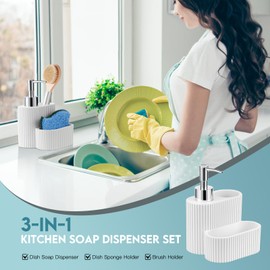 Shinowa Soap Dispenser with Sponge Holder, Marble Look Liquid Hand and Dish Soap Dispenser and Sponge Caddy with Brush Holder, 3 in 1 Countertop Organizer for Kitchen Sink and Bathroom