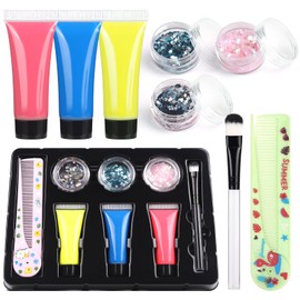SPRINGSUGAR Body Glitter + Glow UV Hair Color Glue Kit, Hair Glitter for Kids Includes 3 Chunky Glitters, 3 Hair Color, Brush, Comb, Face Glitter for Party Singer Concerts Festival Rave Accessories