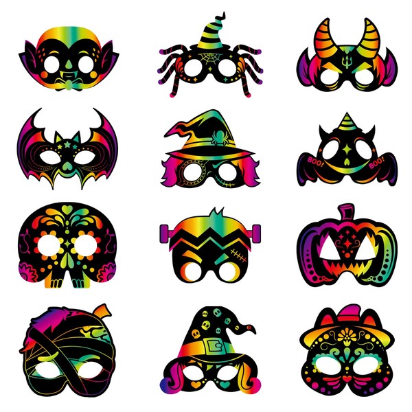 Qpout 48 Pieces Halloween Magic Rainbow Scratch Paper Craft Set,