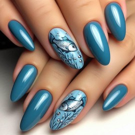 Almond Shaped Press on Nails Blue Fake Nails with Fish Water Plants Design Medium False Nails Blue Glossy Full Cover Acrylic Nails Artificial Nails Stick on Fingernails for Women Girls 24Pcs