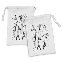 Ambesonne Sketchy Fabric Pouch Set of 2, Muscular Energetic Athletes in Different Poses Sports Themed Drawing Style Artwork, Small Drawstring Bag for Toiletries Masks and Favors, 9" x 6", Black White