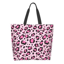 Cafl Pink Black Leopard Tote Bag Cute Leopard Skin Shoulder Bag Large Reusable Eco-friendly Beach Bags Portable Storage Handbag Convenient for Women Gym Travel Shopping