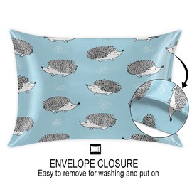 Envelope Closure Satin Pillowcase for Hair and Skin Silk Pillowcase Standard Size Cute Animal Hedgehog Pattern Pillow Cases Cooling Satin Pillow Covers