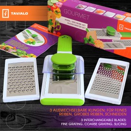 TAVIALO Kitchen Grater Set - 3 Blades for Fine and Coarse Grating & Cutting - Stainless Steel Parmesan Grater with Hand Guard, Soft Grip Handle, Non-Slip Base, Dishwasher Safe
