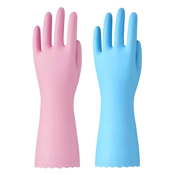 Bamllum Rubber Cleaning Gloves - 2 Pairs Latex Free Kitchen Cleaning Gloves with Cotton Liner- Household Dishwashing Gloves, Non- Slip Waterproof (Medium, Blue+Pink)