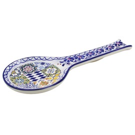 Made in Portugal Traditional Tile Azulejo Multicolor Ceramic Spoon Rest Utensil Holder - Saudade Collection: Handcrafted, Floral Border, 10"" Length - Perfect for Kitchen Decor, White