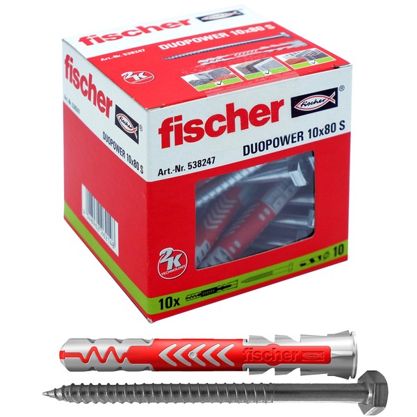 fischer DUOPOWER 10 x 80 S Universal Plugs with Screw for Attaching Cabinets, Wall Shelves in Concrete, Masonry, Panel Building Materials and Much More Pack of 10-Item No. 538247, Grey/Red, 10 Stück