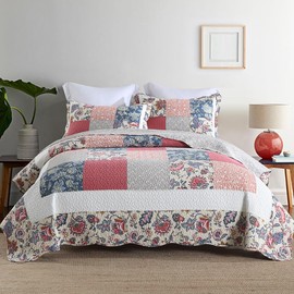 camandy Cotton Bedspread Quilt Bedding Sets 3 Pieces Reversible Coverlet Sets Comforters Vintage Floral Yellow Red Blue Patchwork Bedspread, King Size