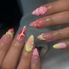 24Pcs Flower Medium Almond Fake Nails With Star Rhinestones Pink