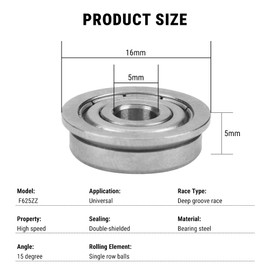 Uadme Flange Bearings, Pack of 10, F625ZZ 5 x 16 x 5 mm Flange Ball Bearings, for Precision Instruments, Electronics, Manufacturing, and Industrial Machinery, Double Metal Shielded