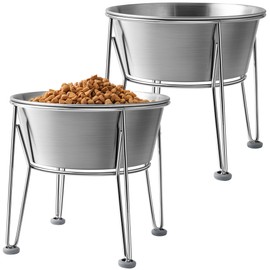 Wellbro Elevated Dog Bowls for Medium&Small Dogs - Stainless Steel 48oz/6 Cups Raised Feeder with Non-Slip Base, Dual Food & Water Bowls 2-Pack