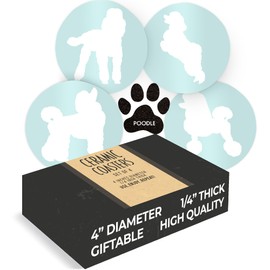 Poodle Lovers Ceramic Drink Coasters - Set of 4 Dog Coasters with Protective Cork Bottom and Metal Stand - Poodle Decor for Poodle Moms & Dads