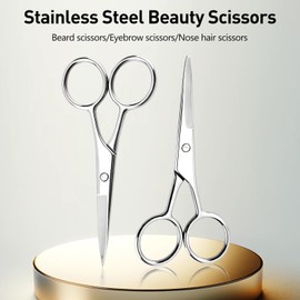 Curved and Rounded Men's Facial Hair Scissors - Stainless Steel Trimming Scissors for Mustache, Nose, Beard, Eyebrows, Eyelashes, and Ear Hair - Professional Silver Scissors.