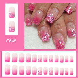 24Pcs Press on Nails Short Square Flower False Nails Pink Glitter Powder Sequins Design Gradient Acrylic Nail Full Cover Coffin Nails Winter Artificial Stick on Nails Glossy Glue on Nails for Women