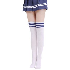 KACOLOR Women Thigh High Socks Over Knee Warm Stocking High Leg Warmers Long Boot Socks Three Stripes for Daily Wear Athletic Casual,White/Blue
