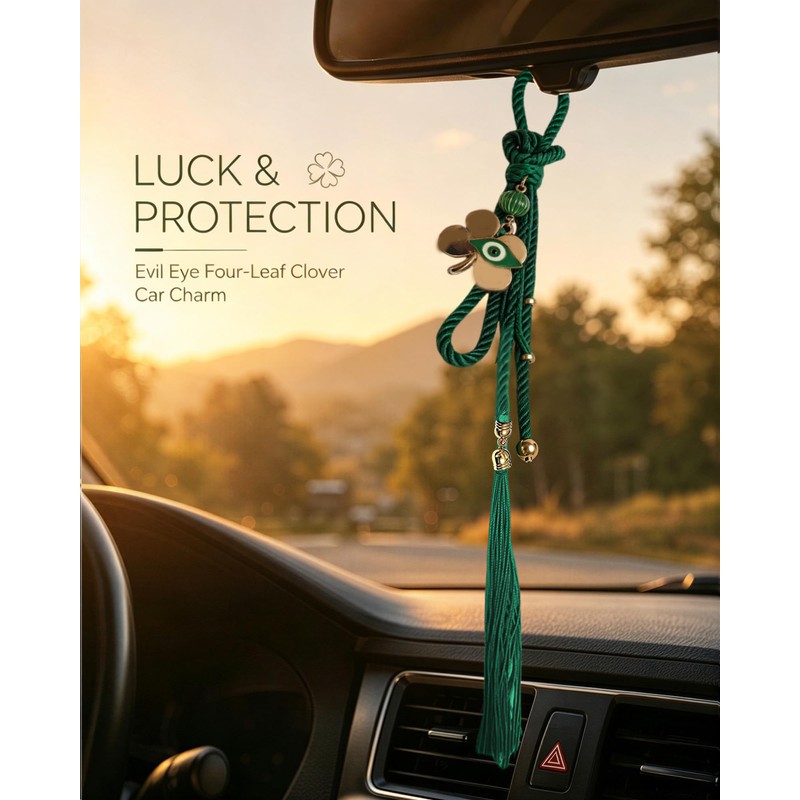 Four-Leaf Clover Car Rear View Mirror Pendant, Evil Eye Car
