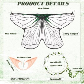 Boyigog Wings Costume for Women Girls 3 Pieces with Fairy Wings Adult Elf Ears Garland Headpiece Christmas Carnival Birthday Cosplay Party Fairy Wings Costume