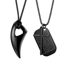 Cupimatch Men's Necklace with Wolf Tooth Pendant Stainless Steel Length Adjustable Jewellery for Boys 62 + 4.5 cm Black Silver Pack of 2, Stainless steel, copper, Agate, zirconia