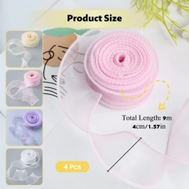 4 Rolls Organza Ribbon, 4 cm x 9 m Ribbon, White, Purple, Pink, Beige Chiffon Ribbon, Silk Ribbon, Gift Ribbon Wide for Bouquet Gift Wrapping