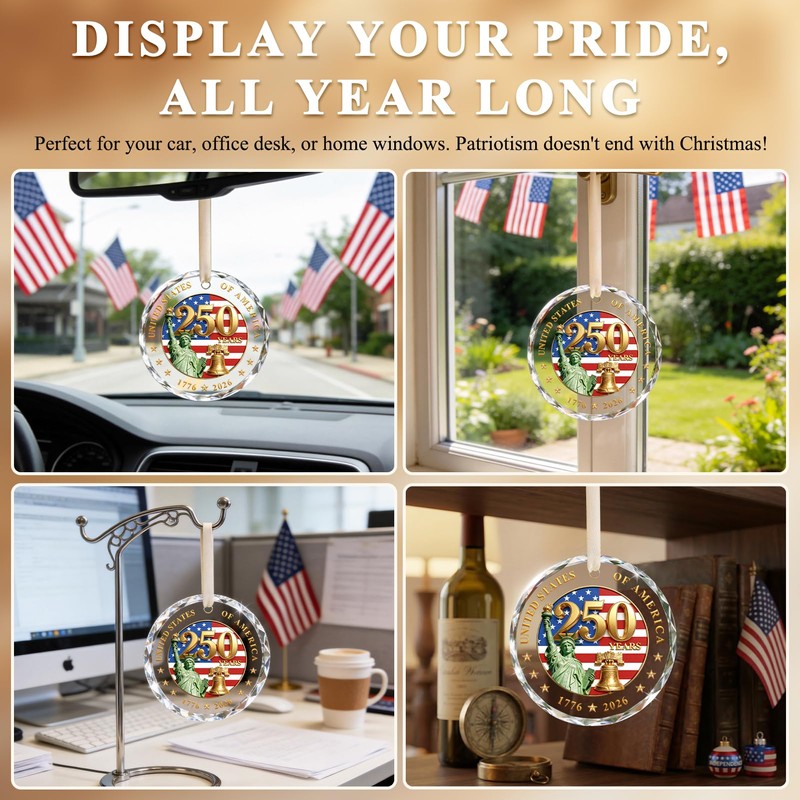 250 Anniversary USA Ornament, Crystal Glass Patriotic Christmas Ornament