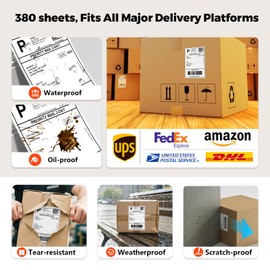 MUNBYN 4x6 Direct Thermal Shipping Labels, Durable Waterproof, Oil-Proof, Scratch-Proof, Alcohol-Resistant, Tear-Resistant Label Paper for Thermal Printers, 380 Sheets/Fanfold, White