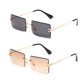 Long Keeper Rimless Rectangle Sunglasses UV400 Protection Antiglare Fashion Frameless Square Glasses for Women and Men (Gold Grey+Gold Gradual Brown)