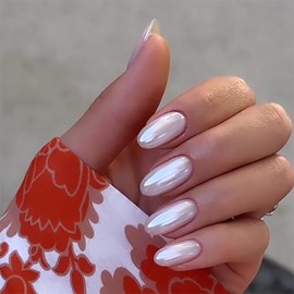 White Press on Nails Almond Fake Nails Rose Red Full Cover Stick on Nails Glitter Designs Glue on Nails Medium Glossy False Nails for Women and Girls