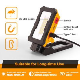 LUTEC Rechargeable Work Light, 1000 Lumens LED Magnetic Light with Magnetic Base and Hanging Hook，360°Rotate and 200°Swivel for Car Repair, Emergency and Camping-2 Pack