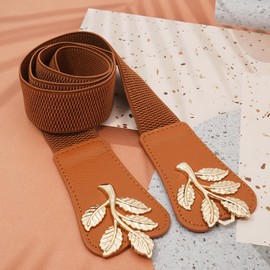 Liutufy Gold Leaf Belt - Women's Skinny Elastic Waistband with Double Knot Buckle - Stretch Belt for Jeans (Brown S)