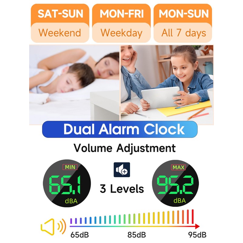 Cadmos Modern Curved Cute Digital Alarm Clock,Colorful Led Display,Adjustable Volume,Weekday/Weekend