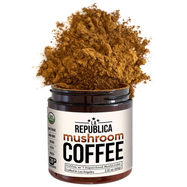 La Republica Organic Mushroom Coffee (30 Servings) with 7 Superfood Mushrooms, Great Tasting Instant Mushroom Powder Includes Lion's Mane, Reishi, Chaga, Cordyceps, Shiitake, Maitake, and Turkey Tail