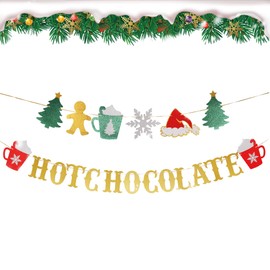 Glitter Christmas Hot Chocolate Banner with Christmas Tree Snowflake Santa Hat Hot Cocoa Bar Garland Banner for Wintertime Xmas Theme New Year Holiday Party Sign Decorations Supplies