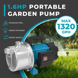 BOMGIE 1.6HP Shallow Well Pump Portable, Garden Pump 1320GPH, Stainless Steel Water Transfer Pump 110V Max. Head 164ft, Sprinkler Booster Pump for Draining Irrigation Home Garden Lawn Draining