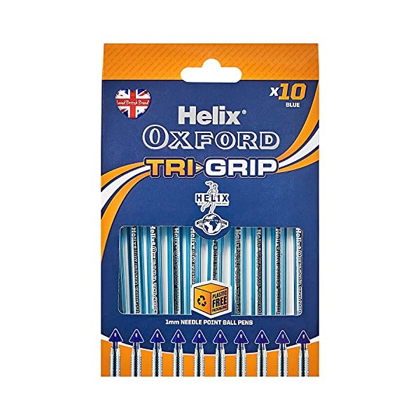 Helix Oxford Tri-Grip Ballpoint Pens (x10 Pack Blue Ink) with Plastic Free Packaging