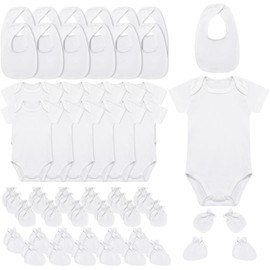 Chuarry 48 Pcs Unisex Cotton Short Sleeve Baby Bodysuit White Baby Socks Gloves Newborn Bibs for 0-3 Months Baby Shower Party