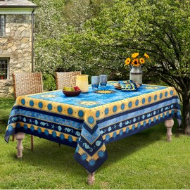 Home Bargains Plus Blue Sun Rectangle Fabric Tablecloth, 60 x 102 Inch, Wrinkle, Water and Stain Resistant Mediterranean Table Cover, Sea Shells and Seahorses