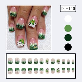 24Pcs St Patricks Day Press on Nails Short Square French Tip Fake Nails Green Shamrock Glitter Full Cover Tips Stick on Nails Artificial Nude Acrylic False Nails for Women Manicure Art Accessories