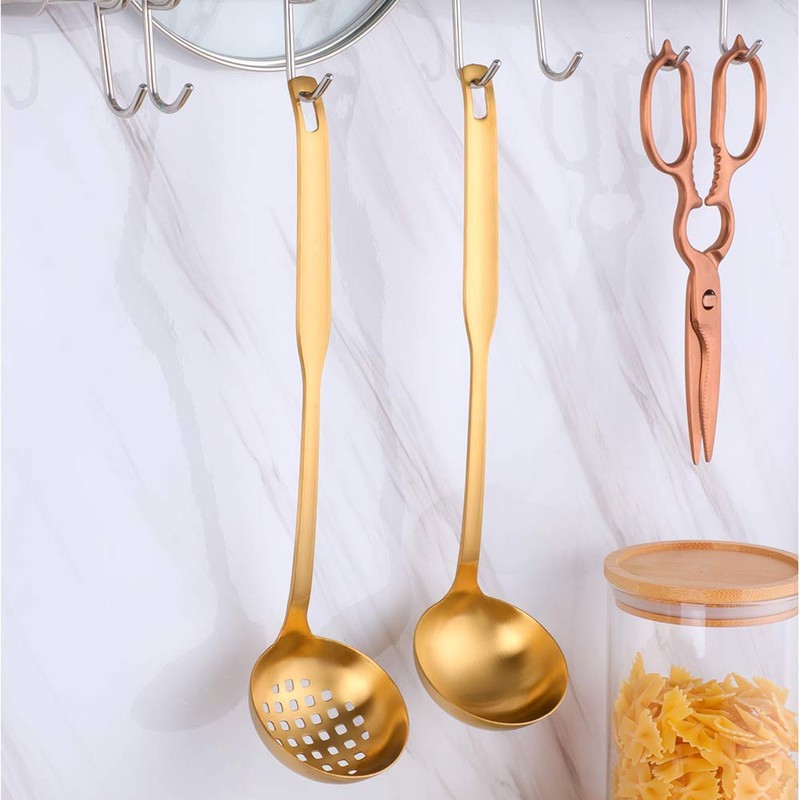 2 Pieces Gold Metal Soup Ladle Colander Set, Long Handle