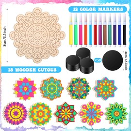 Vercraft 18 Pcs DIY Wooden Mandala Magnets Color Your Own Mandala Magnet Small Magnets for Crafts Self Adhesive Magnet for DIY Craft Fridge Refrigerator Magnets Pendants (Classic Style)