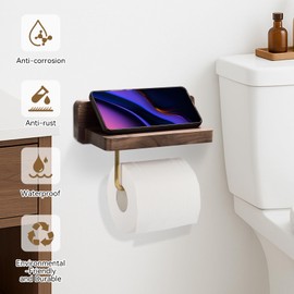 Mayhas Walnut Toilet Paper Holder Wall Mount with Shelf, Wooden Tissue Paper Roll Holder with Brushed Brass Bar, Brushed Gold Bathroom Accessories for Bathroom, Washroom Décor(Smooth Surface, 1 Roll)