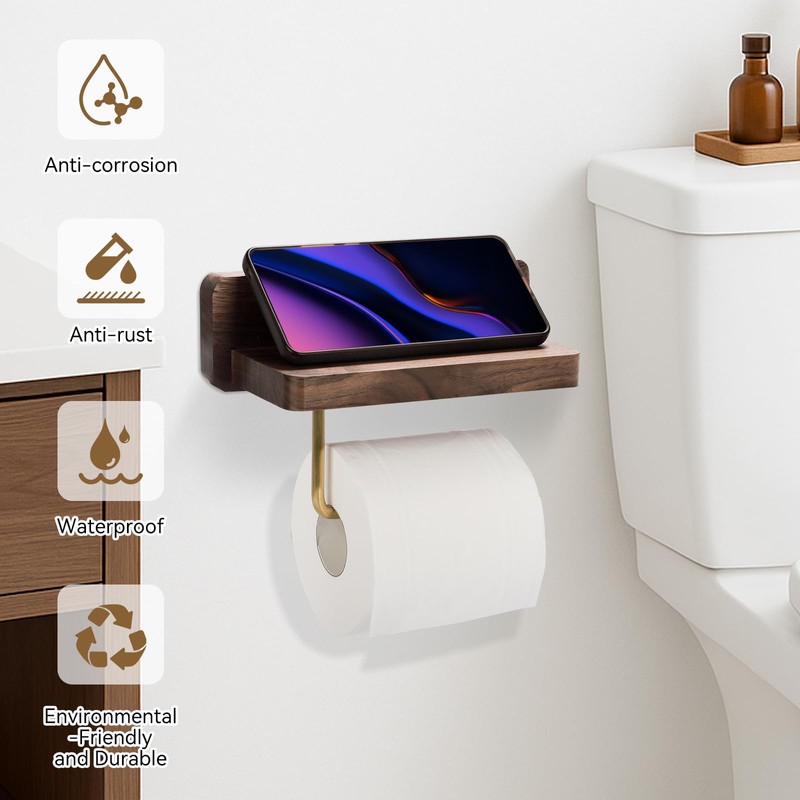 Mayhas Walnut Toilet Paper Holder Wall Mount with Shelf, Wooden