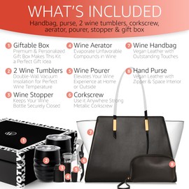 Open The Wine Gifts for Women - Accessories for Wine Lovers - Wine Purse Gift Set with Tumblers, Aerator, Stopper, Corkscrew - Unique Wine Tote Bag Carrier for Travel or Picnic (Light Blue & White)