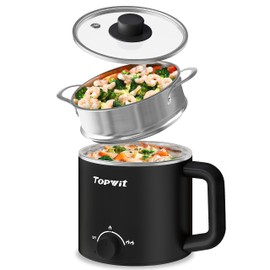Topwit Hot Pot Electric with Steamer, 1.6L Ramen Cooker, Electric Pot for Pasta, Shabu-Shabu, Oatmeal, Soup and Egg, Portable Cooker with Dual Power Control, Dorm Room Essentials, Black